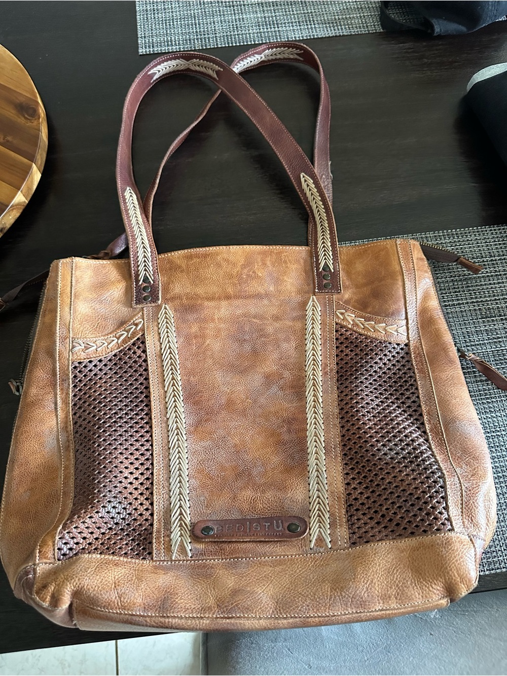 Bed Stu Brown Tan Woven Leather Tote - Picture 3 of 12